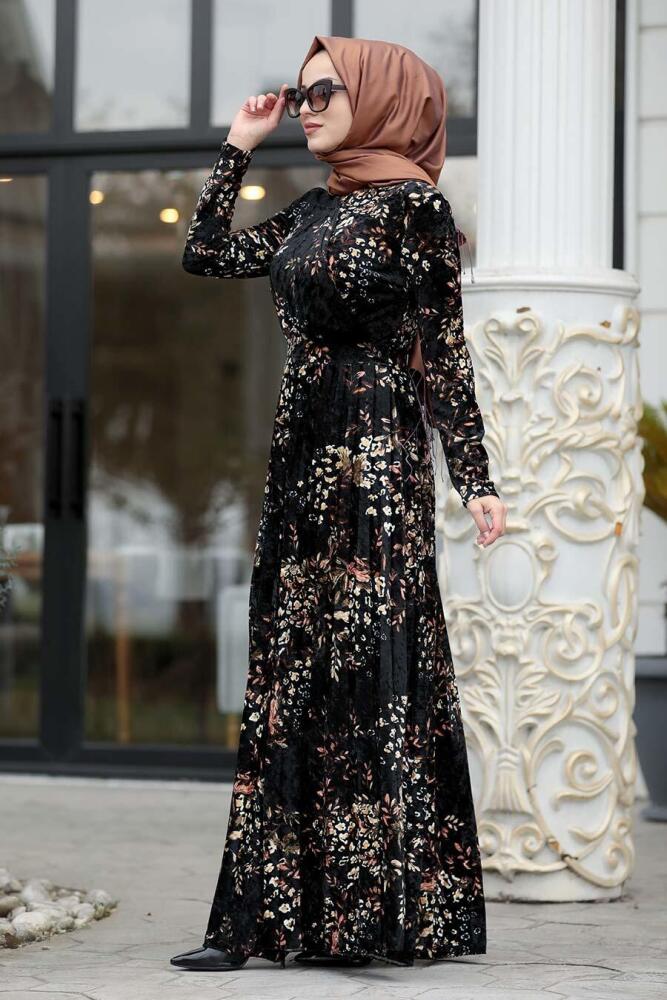 Neva Style - Desenli Siyah Tesettür Kadife Elbise 1452S - 1