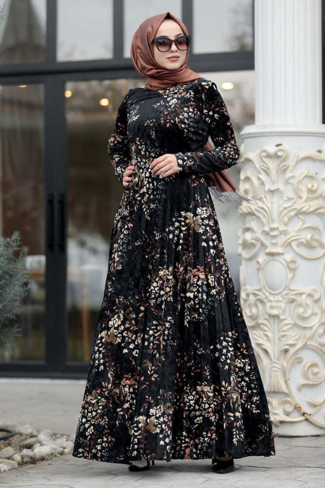 Neva Style - Desenli Siyah Tesettür Kadife Elbise 1452S - 2