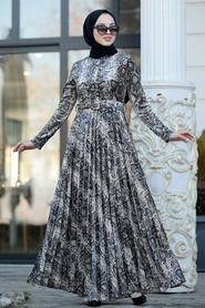 Neva Style - Desenli Siyah Tesettür Kadife Elbise 15270S - Thumbnail