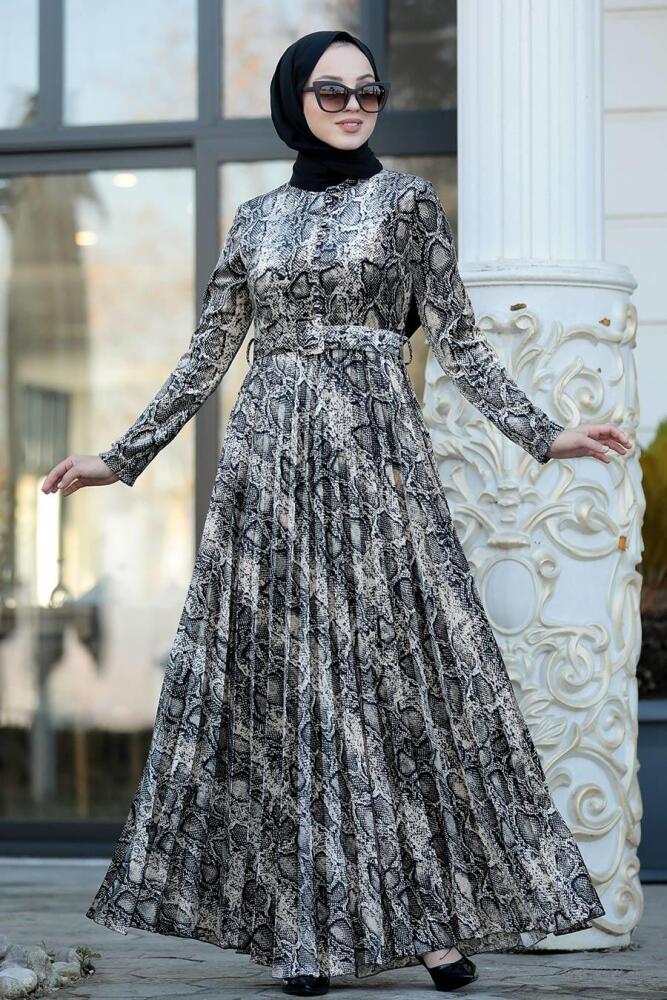 Neva Style - Desenli Siyah Tesettür Kadife Elbise 15270S - 1