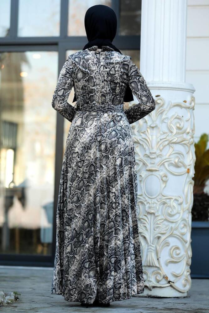 Neva Style - Desenli Siyah Tesettür Kadife Elbise 15270S - 2