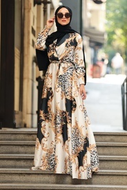 Neva Style - Desenli Siyah Tesettür Kobe Saten Elbise 5349S - Thumbnail