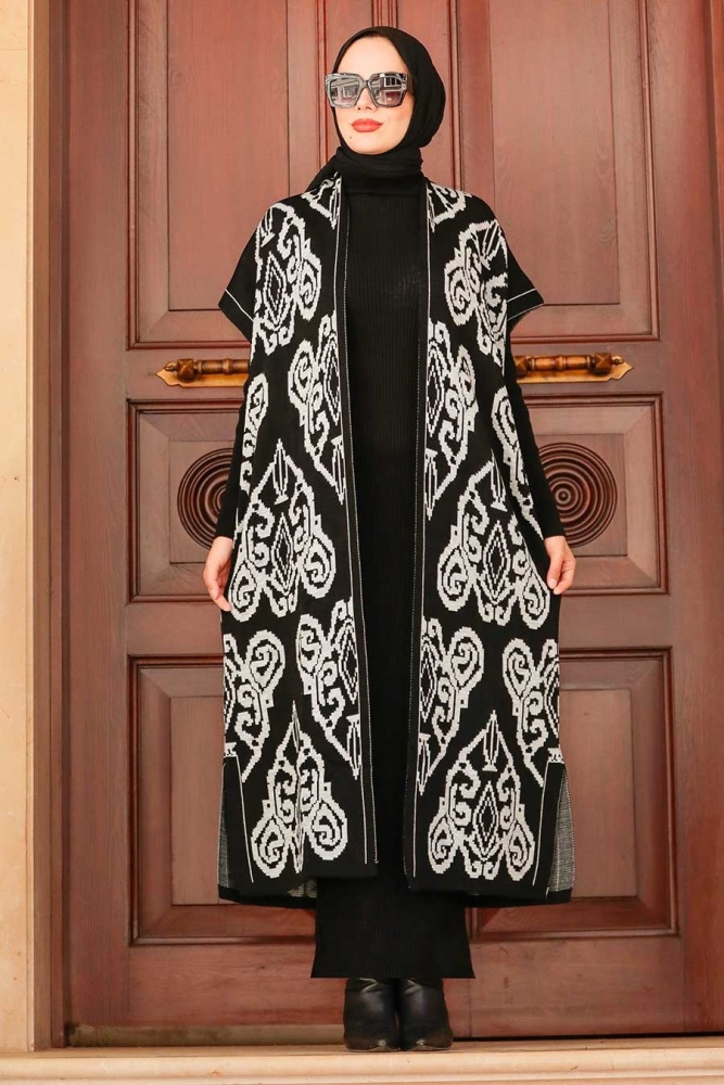 Neva Style - Desenli Siyah Tesettür Triko İkili Takım 3178S - 1