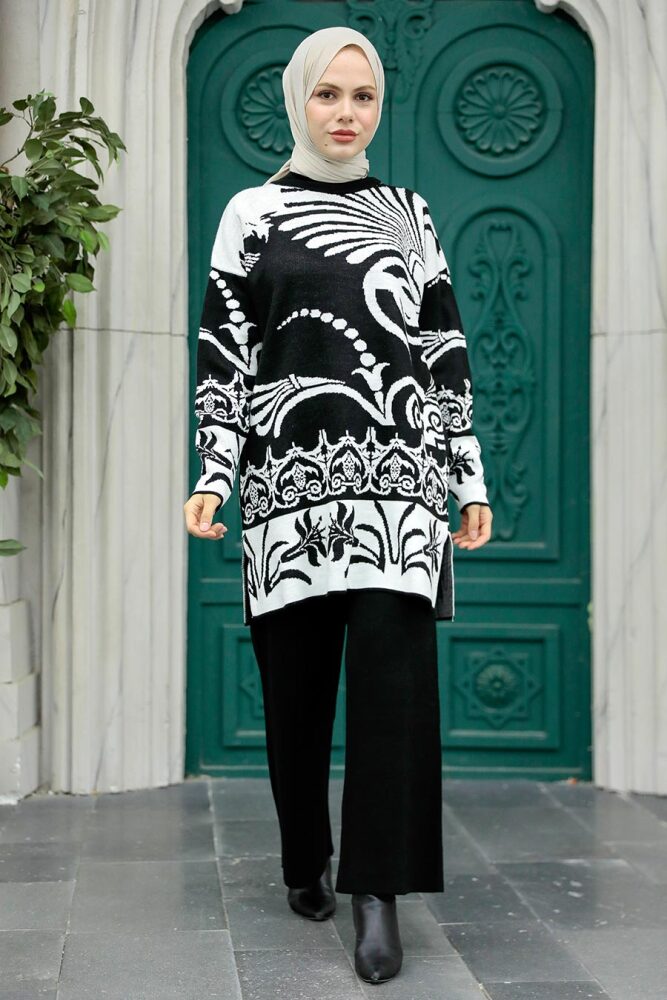 Neva Style - Desenli Siyah Tesettür Triko İkili Takım 6395S - 2