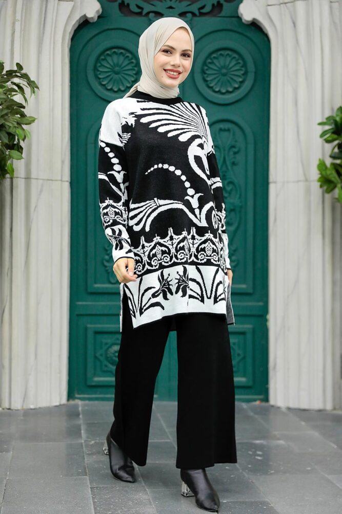 Neva Style - Desenli Siyah Tesettür Triko İkili Takım 6395S - 1