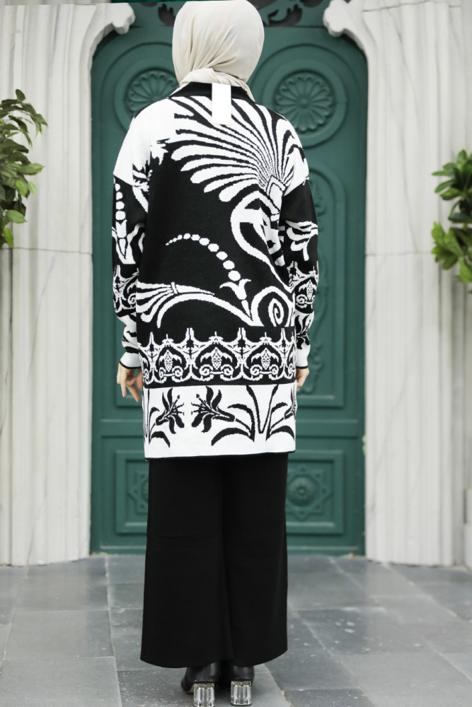 Neva Style - Desenli Siyah Tesettür Triko İkili Takım 6395S - 3