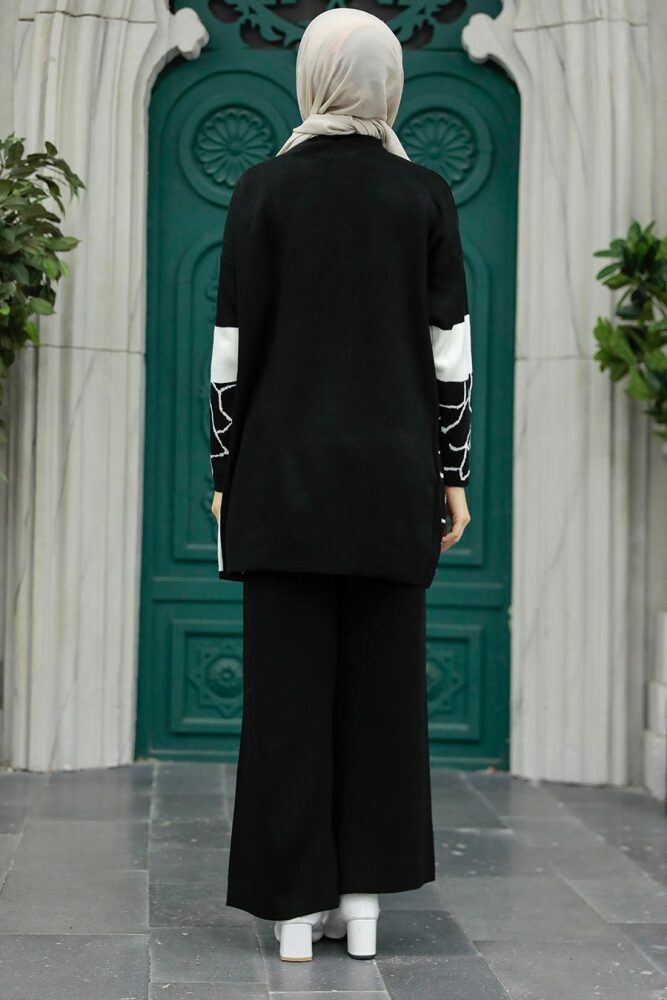 Neva Style - Desenli Siyah Tesettür Triko İkili Takım 6397S - 3