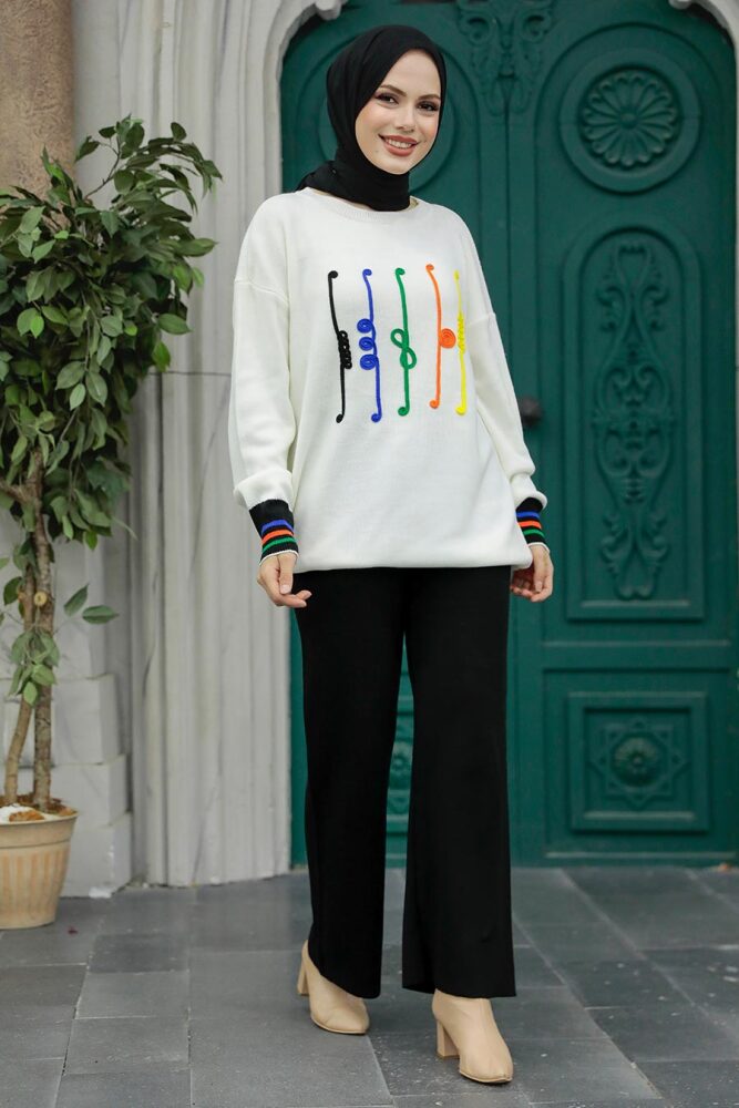 Neva Style - Desenli Siyah Tesettür Triko İkili Takım 6399S - 1