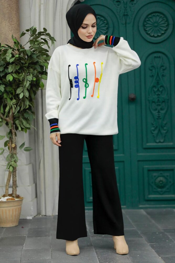Neva Style - Desenli Siyah Tesettür Triko İkili Takım 6399S - 2
