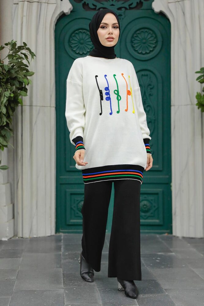 Neva Style - Desenli Siyah Tesettür Triko İkili Takım 6399S - 3