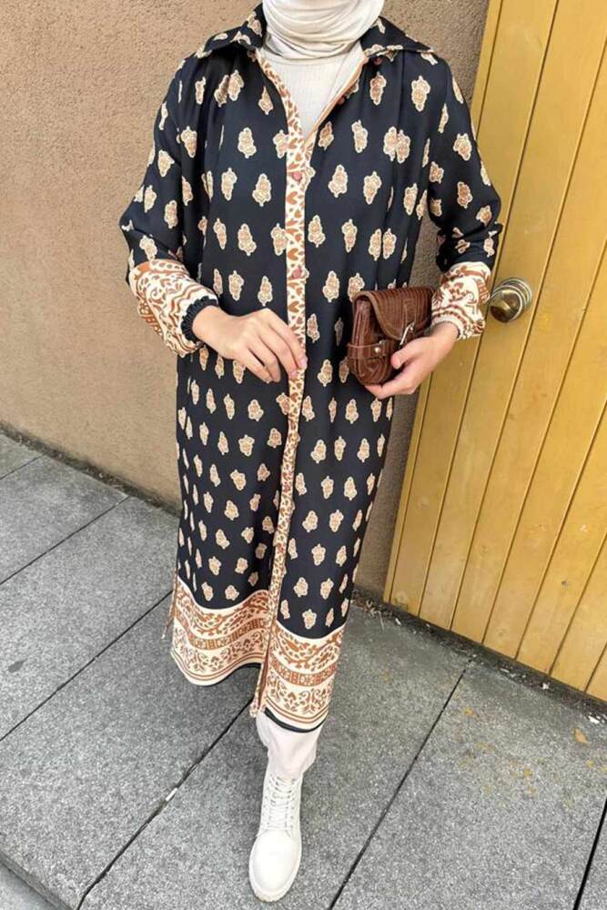 Neva Style - Desenli Siyah Tesettür Tunik 92831S - 2