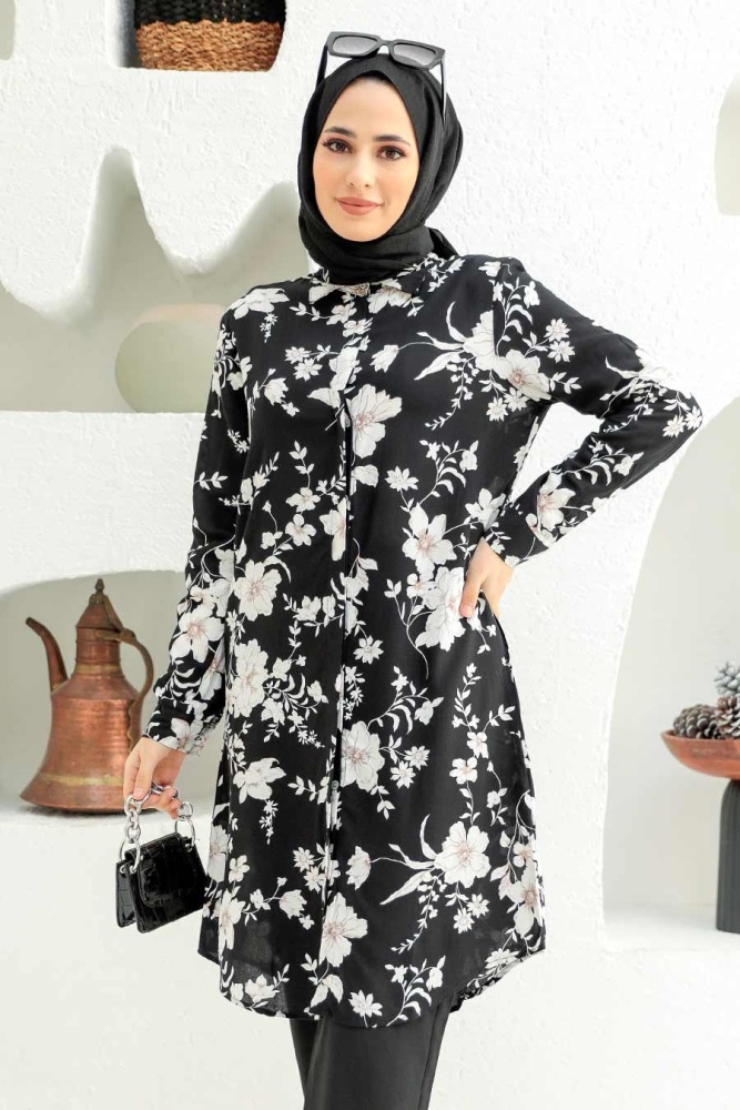  Desenli Siyah Tesettür Viskon Tunik 11554S - NEVA STYLE