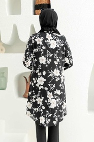 Neva Style - Desenli Siyah Tesettür Viskon Tunik 11554S - Thumbnail