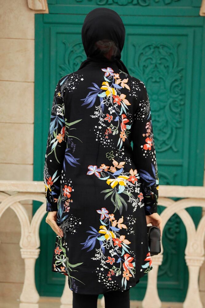 Neva Style - Desenli Siyah Tesettür Viskon Tunik 11569S - 2