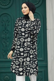 Neva Style - Desenli Siyah Tesettür Viskon Tunik 11632S - Thumbnail