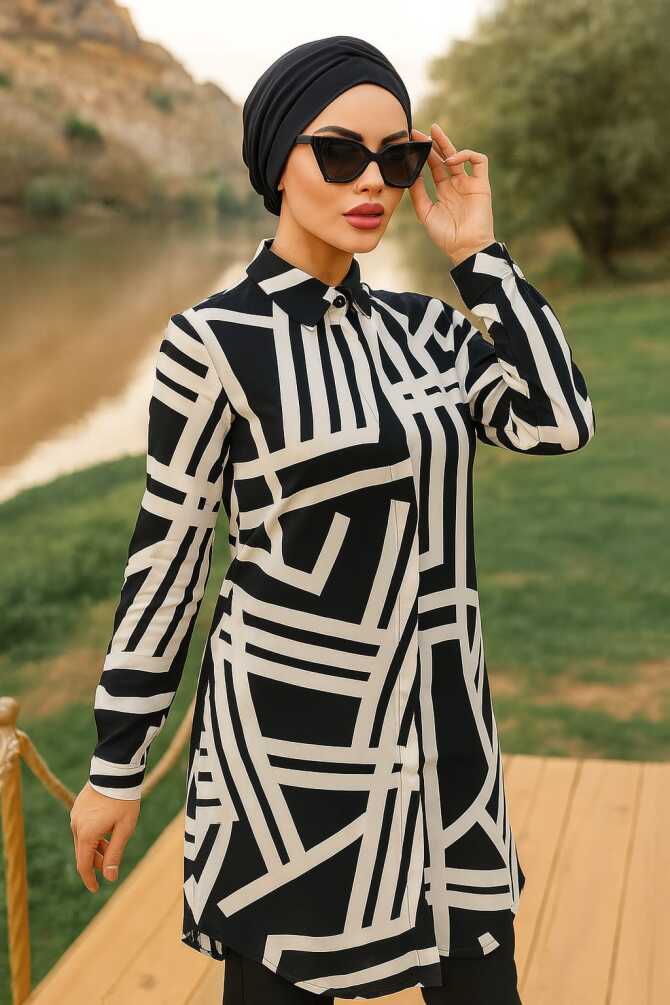 Neva Style - Desenli Siyah Tesettür Viskon Tunik 11666S - 1