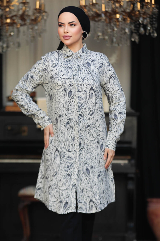  Desenli Siyah Tesettür Viskon Tunik 11673S - 2