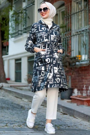 Neva Style - Desenli Siyah Tesettür Yağmurluk Kap 8923S - 1