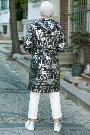 Neva Style - Desenli Siyah Tesettür Yağmurluk Kap 8923S - 2