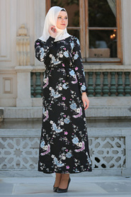 Neva Style - Desenli Siyah Tesettürlü Elbise 53547S - Thumbnail