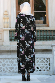 Neva Style - Desenli Siyah Tesettürlü Elbise 53547S - Thumbnail