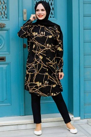 Neva Style - Desenli Siyah Viskon Tesettür Tunik 11539S - Thumbnail