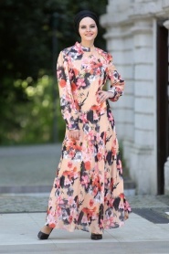 Neva Style - Desenli Somon Elbise 7032SMN - Thumbnail