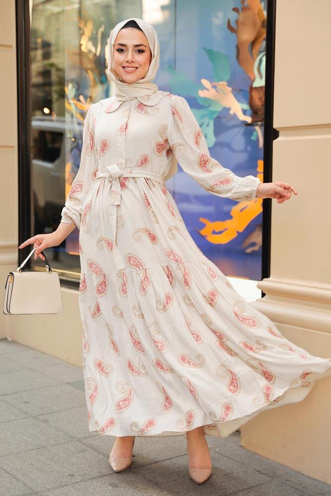 Neva Style - Desenli Somon Tesettür Elbise 10302SMN - 1