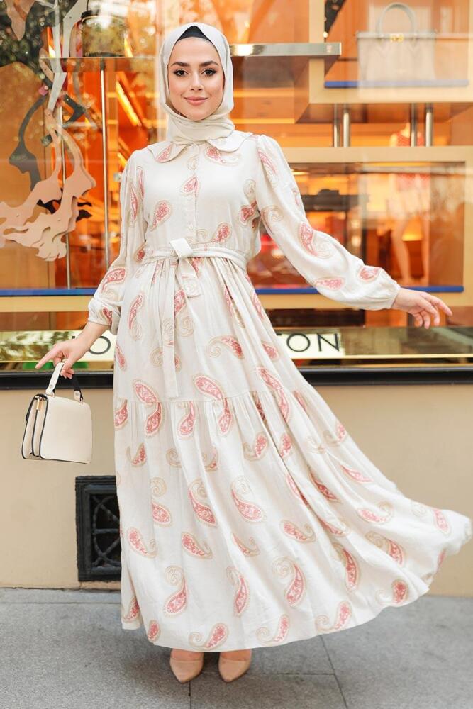Neva Style - Desenli Somon Tesettür Elbise 10302SMN - 2