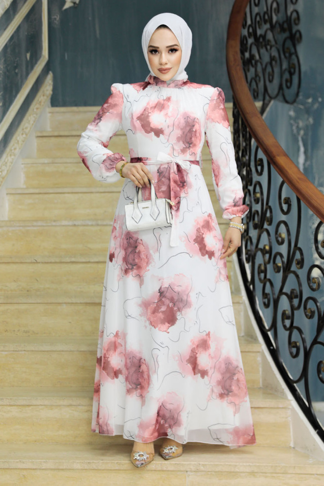 Neva Style - Desenli Somon Tesettür Elbise 279313SMN - 2
