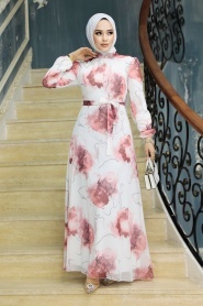 Neva Style - Desenli Somon Tesettür Elbise 279313SMN - Thumbnail