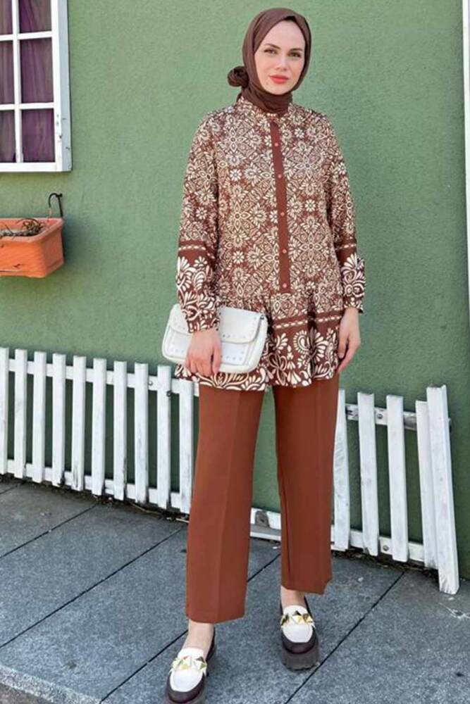 Neva Style - Desenli Taba Tesettür İkili Takım 9281TB - 1