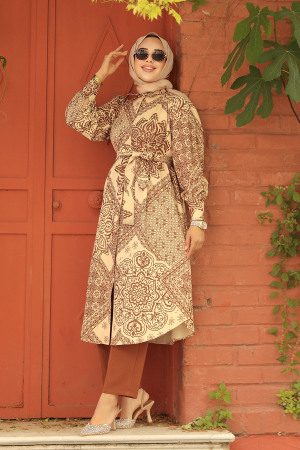 Neva Style - Desenli Taba Tesettür İkili Takım 9291TB - 2