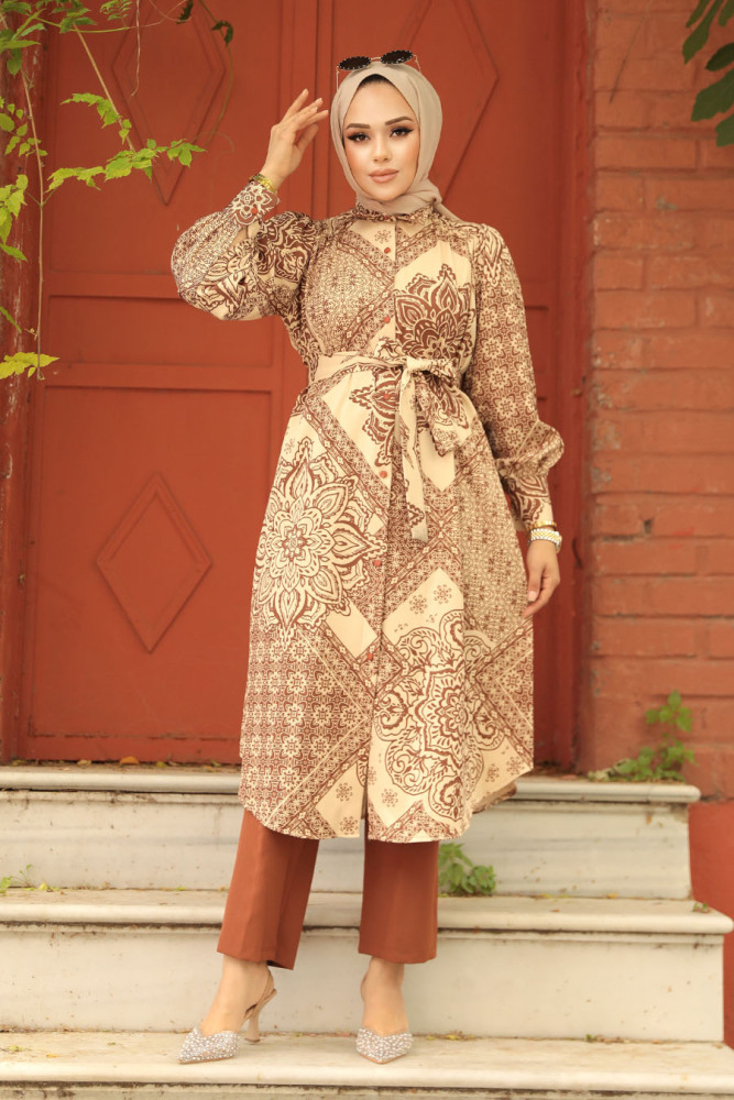 Neva Style - Desenli Taba Tesettür İkili Takım 9291TB - 1