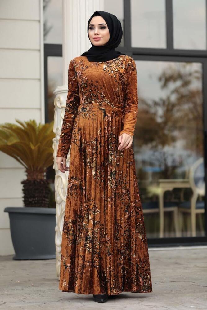 Neva Style - Desenli Taba Tesettür Kadife Elbise 1452TB - 1