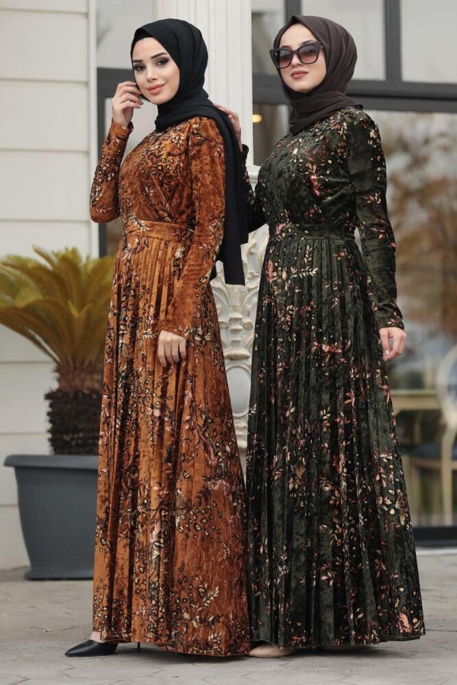 Neva Style - Desenli Taba Tesettür Kadife Elbise 1452TB - 2