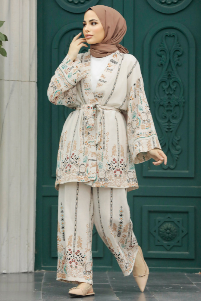  Desenli Taba Tesettür Kimono İkili Takım 12120TB - 2
