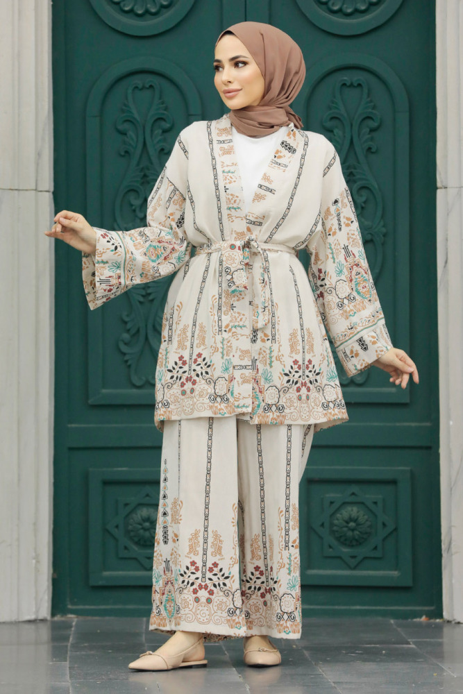  Desenli Taba Tesettür Kimono İkili Takım 12120TB - 1