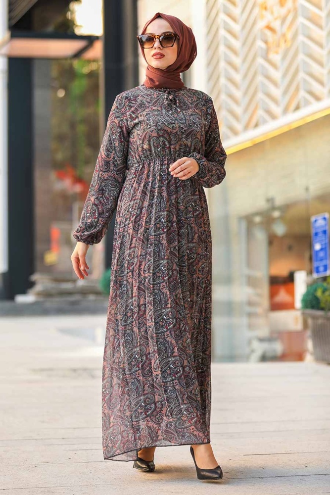 Neva Style - Desenli Tesettür Şifon Elbise 8763DSN - 1