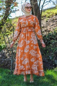 Neva Style - Desenli Turuncu Tesettür Elbise 4609T - Thumbnail