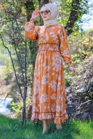 Neva Style - Desenli Turuncu Tesettür Elbise 4609T - Thumbnail