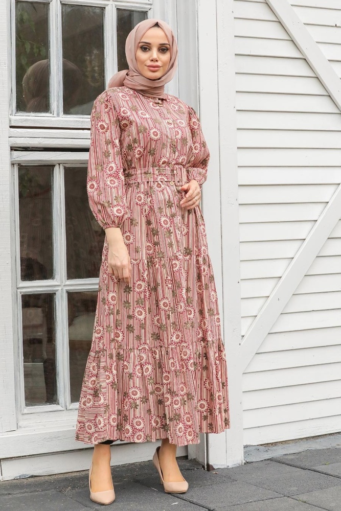  Desenli Vişne Tesettür Elbise 1071VSN - 1
