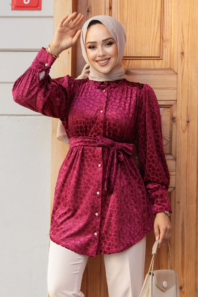 Neva Style - Desenli Vişne Tesettür Tunik 92670VSN - 2