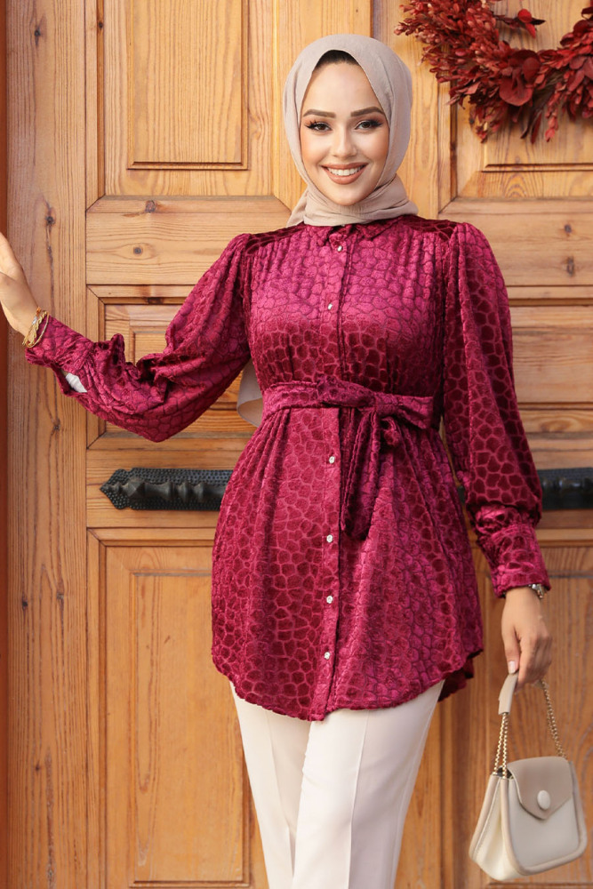 Neva Style - Desenli Vişne Tesettür Tunik 92670VSN - 1