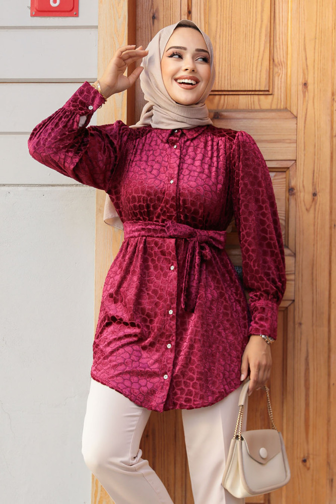 Neva Style - Desenli Vişne Tesettür Tunik 92670VSN - 3