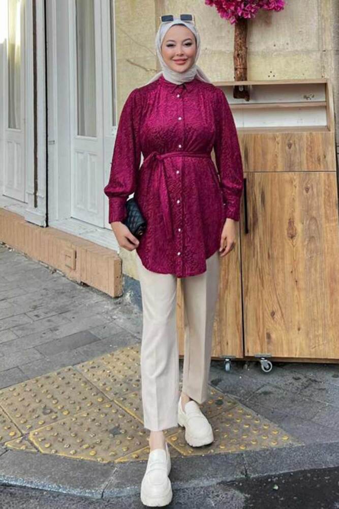 Neva Style - Desenli Vişne Tesettür Tunik 92671VSN - 2