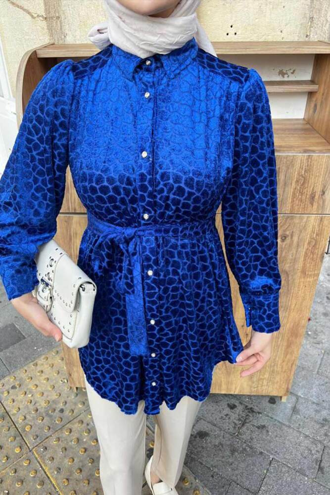 Neva Style - Desenli Sax Mavisi Tesettür Tunik 92670SX - 2