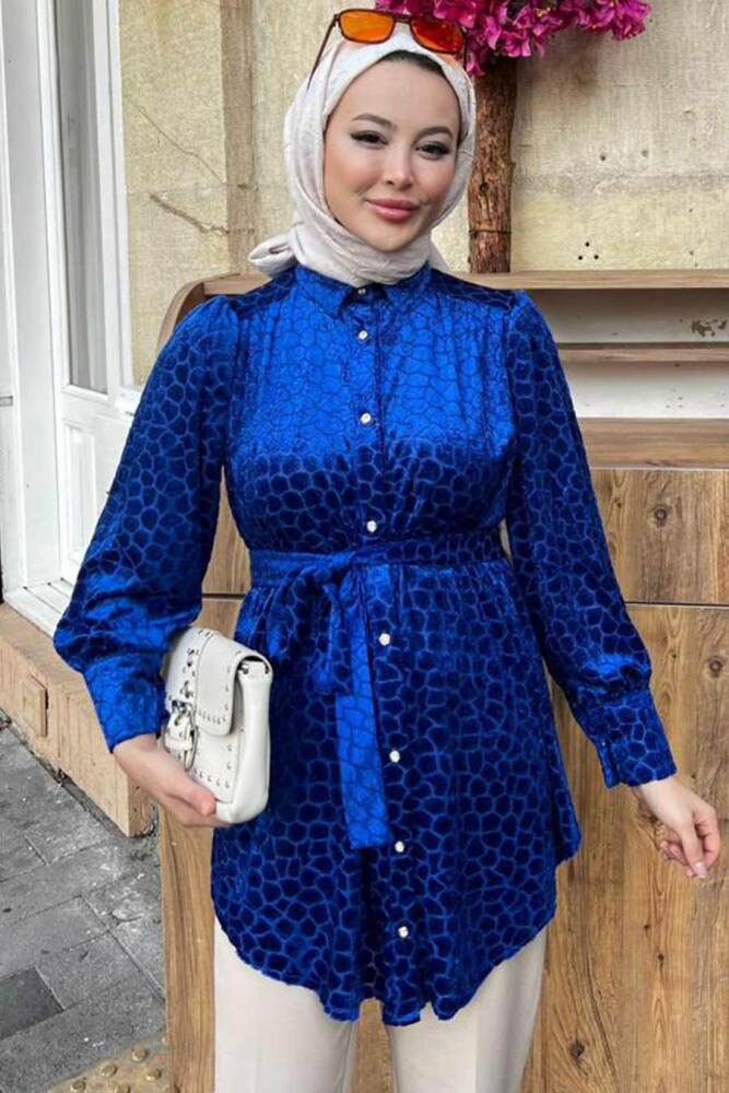 Neva Style - Desenli Sax Mavisi Tesettür Tunik 92670SX - 1