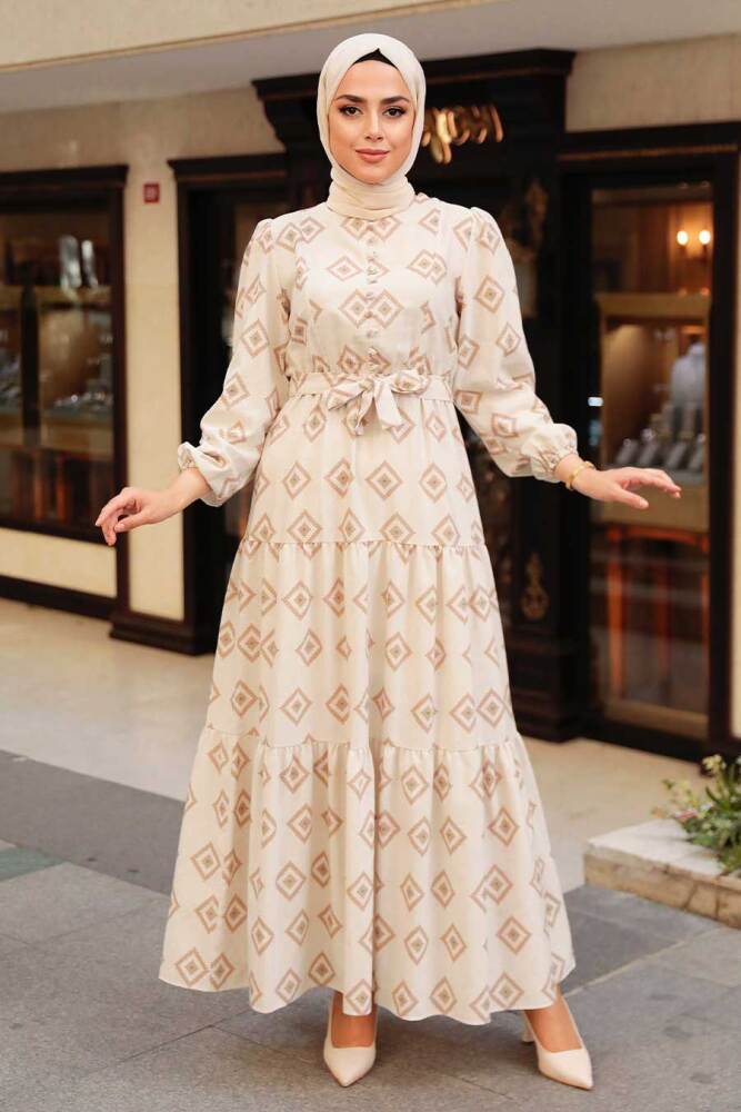 Neva Style - Desenli Vizon Tesettür Elbise 10229V - NEVA STYLE