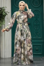 Neva Style - Desenli Vizon Tesettür Elbise 30058V - Thumbnail